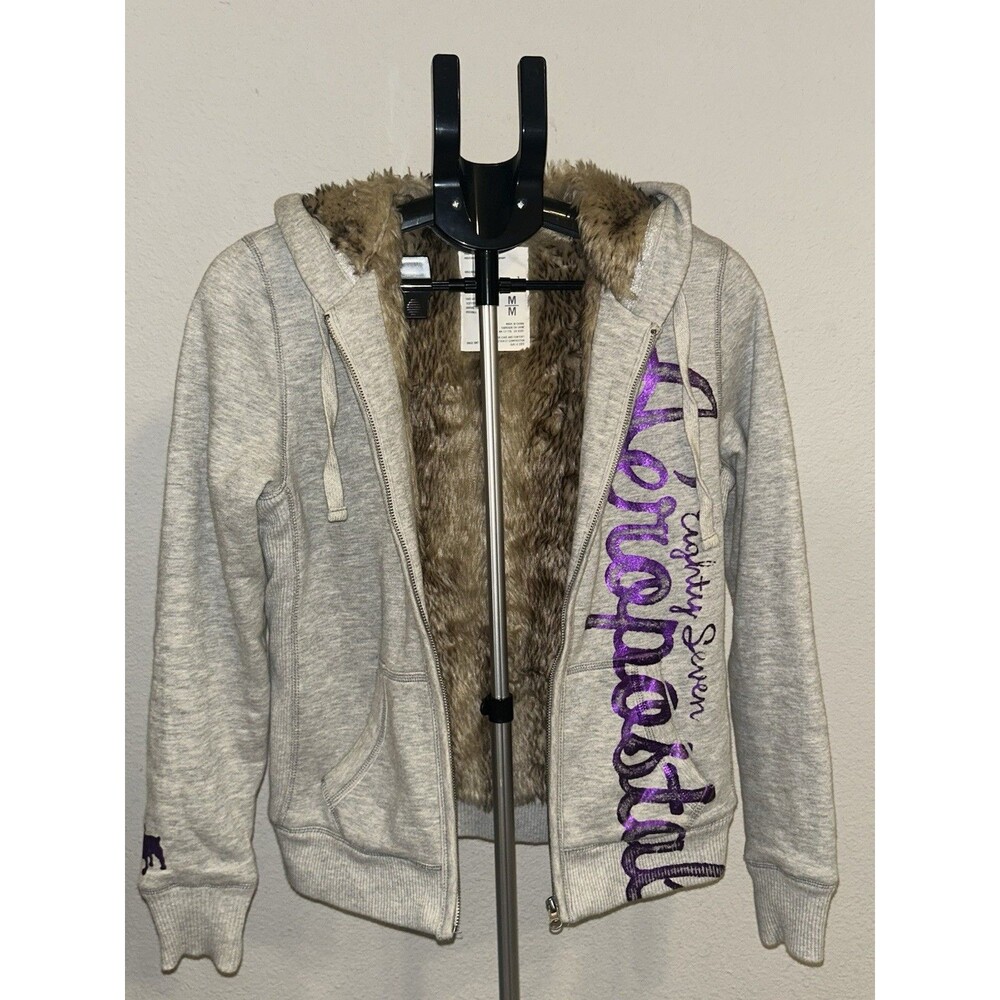 VTG Y2K Aeropostale 87 Faux Fur Lined Hoodie Grey Purple Medium Full Zip 2000s - Picture 2 of 9